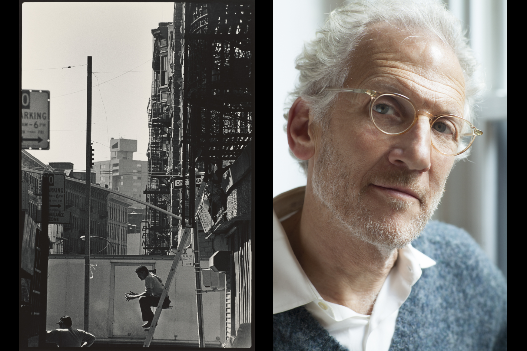 A picture of a man on a ladder in black and white next to a picture of an older man in color